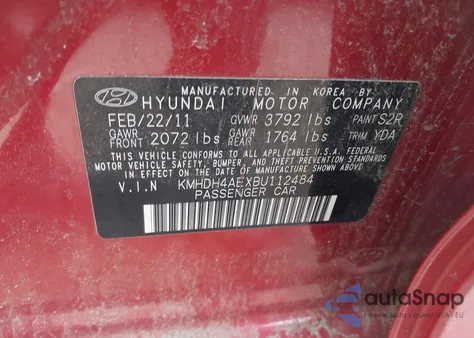 2011 Hyundai Elantra Gls (Ulsan Plant) z USA, uszkodzony, nr VIN KMHDH4AEXBU112484